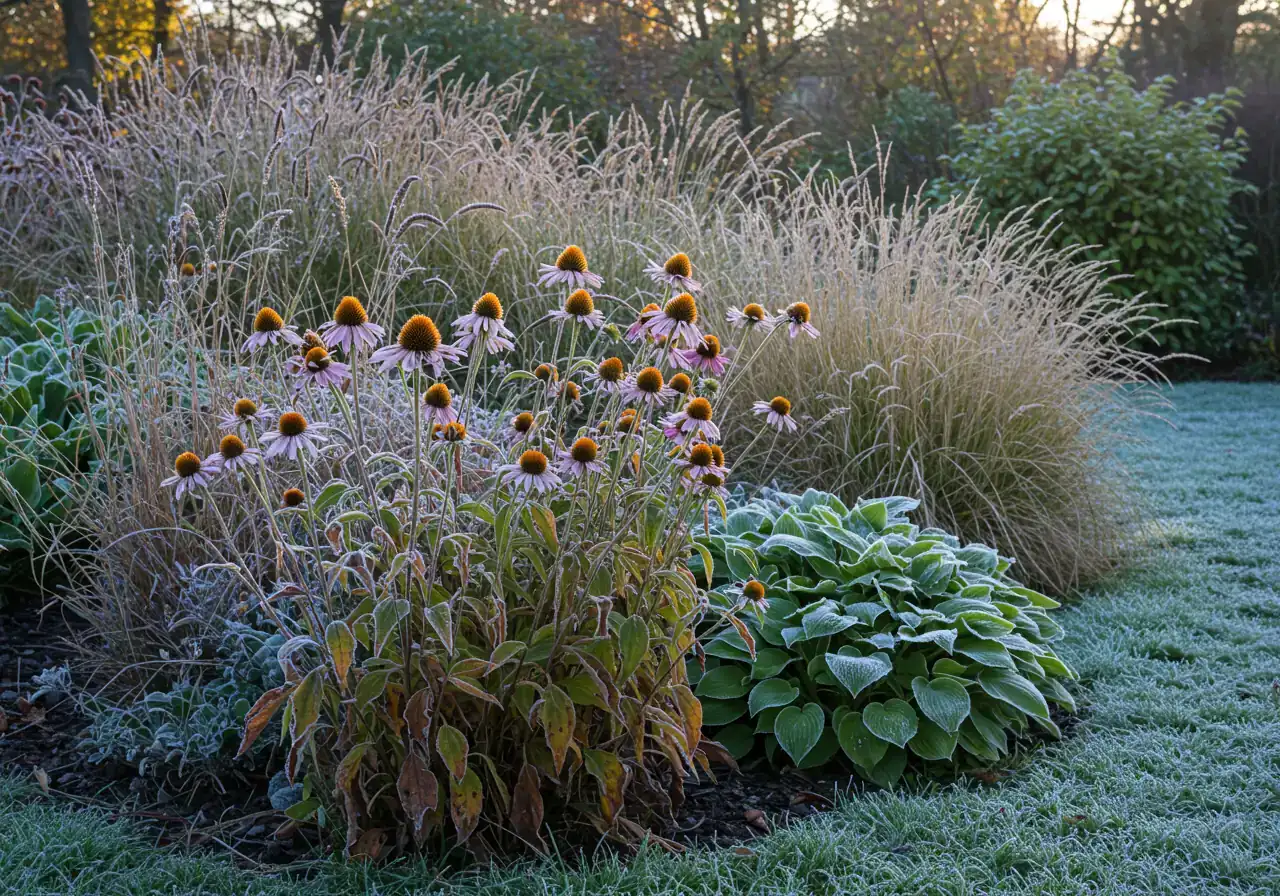 An image illustrating the concept of selective perennial cutback. It could show sturdy perennial stems like coneflowers or ornamental grasses left standing with frost on them, providing winter interest and habitat, perhaps next to an area where softer perennials like hostas have been cut back.
