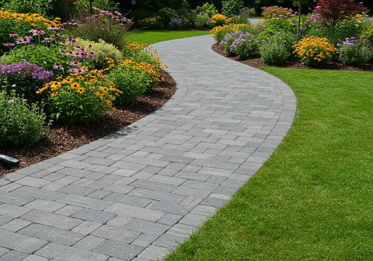 Provides a visual example of a 'Pathway Pizzazz' upgrade, demonstrating how a well-constructed walkway enhances both aesthetics and function.