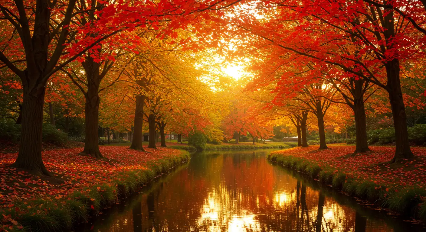 Golden hour sunlight filtering through mature trees displaying brilliant red, orange, and gold autumn leaves, bordering a calm, reflective waterway reminiscent of the Rideau River. Focus is purely on the natural landscape and intense fall colours, setting a seasonal mood.