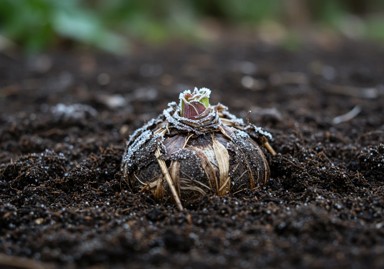 A ground-level image demonstrating frost heave affecting a small perennial. The photo should focus on the base of the plant where the freeze-thaw cycle has pushed the crown and root ball partially out of the surrounding damp spring soil, visually explaining the 'Frost Heave Havoc' checklist item.