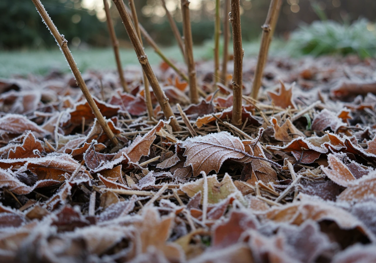A ground-level view of a garden bed where shredded autumn leaves (a mix of colours - brown, tan, dull red) have been used as a natural mulch around the base of dormant perennial stems (like coneflower or hosta stalks). The layer of shredded leaves should look insulating. A light dusting of frost could be present on the leaf mulch surface.