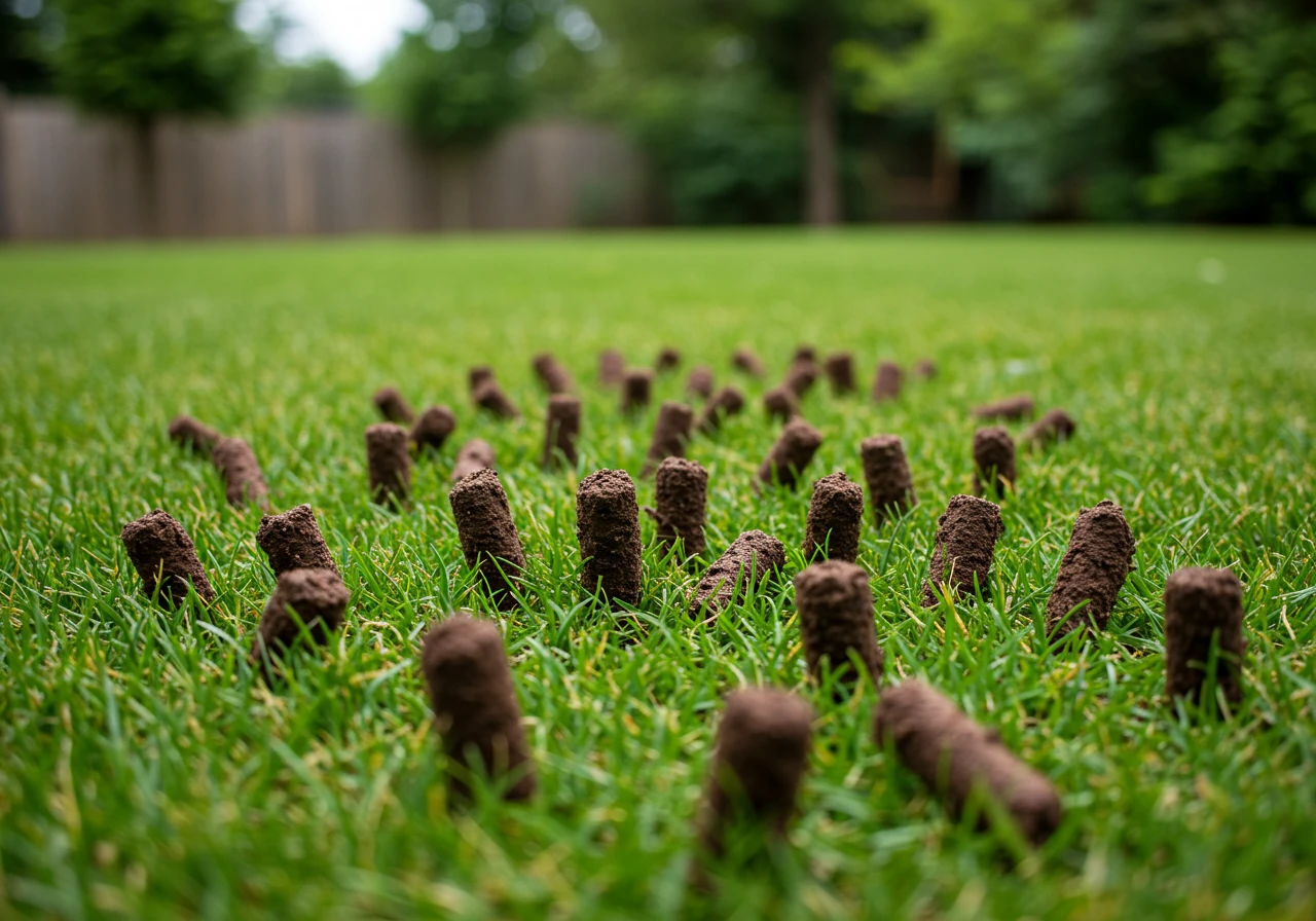 An image showing the visual result of lawn aeration, helping readers understand this important but less commonly visualized lawn care process mentioned in the checklist.