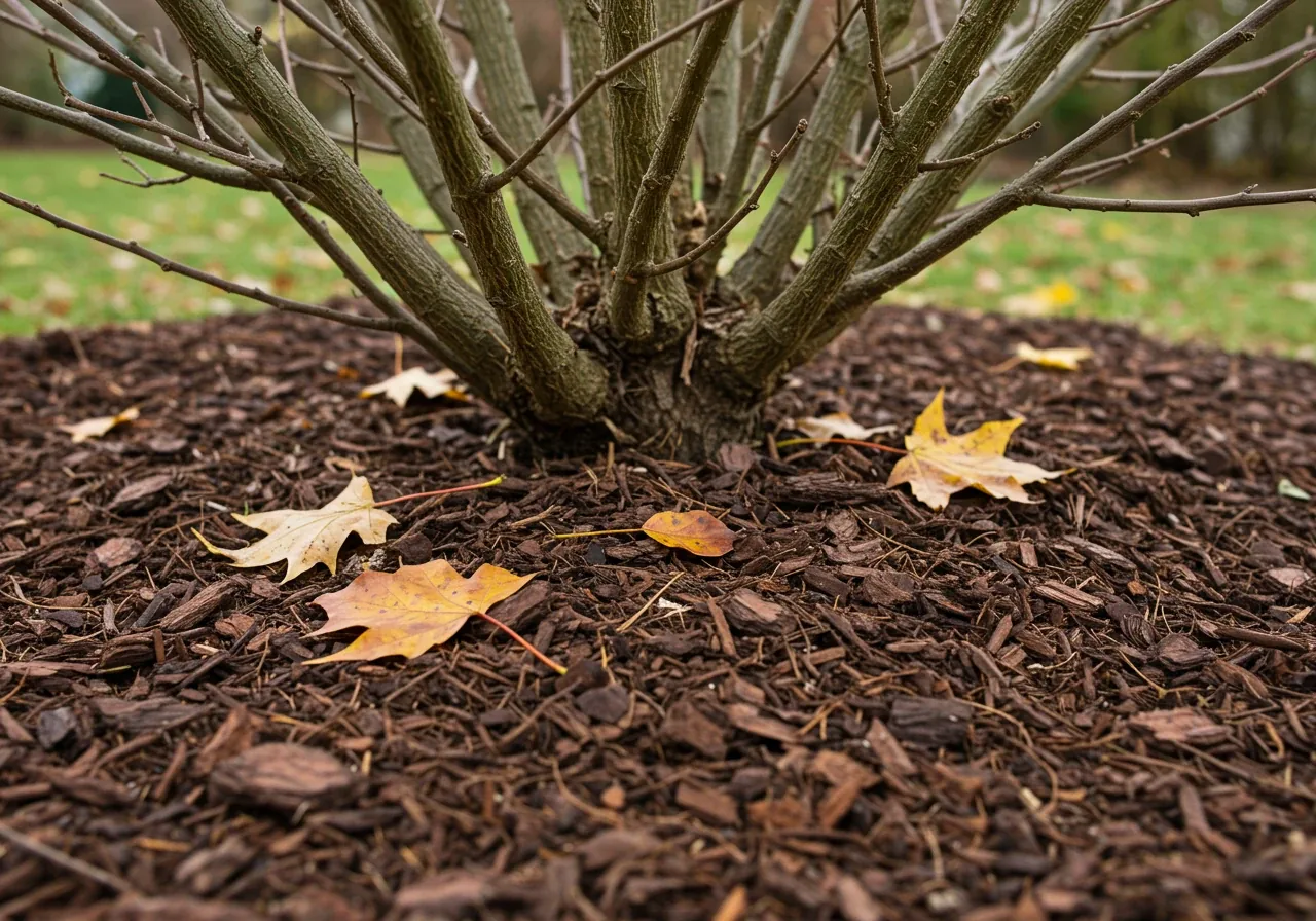 A detailed, ground-level photograph showing the proper application of winter mulch around the base of a shrub or perennial. The image should clearly display a thick layer of insulating mulch (like shredded bark or straw), pulled back slightly from the plant's stems to prevent rot, illustrating the 'Mulch Magic' technique.
