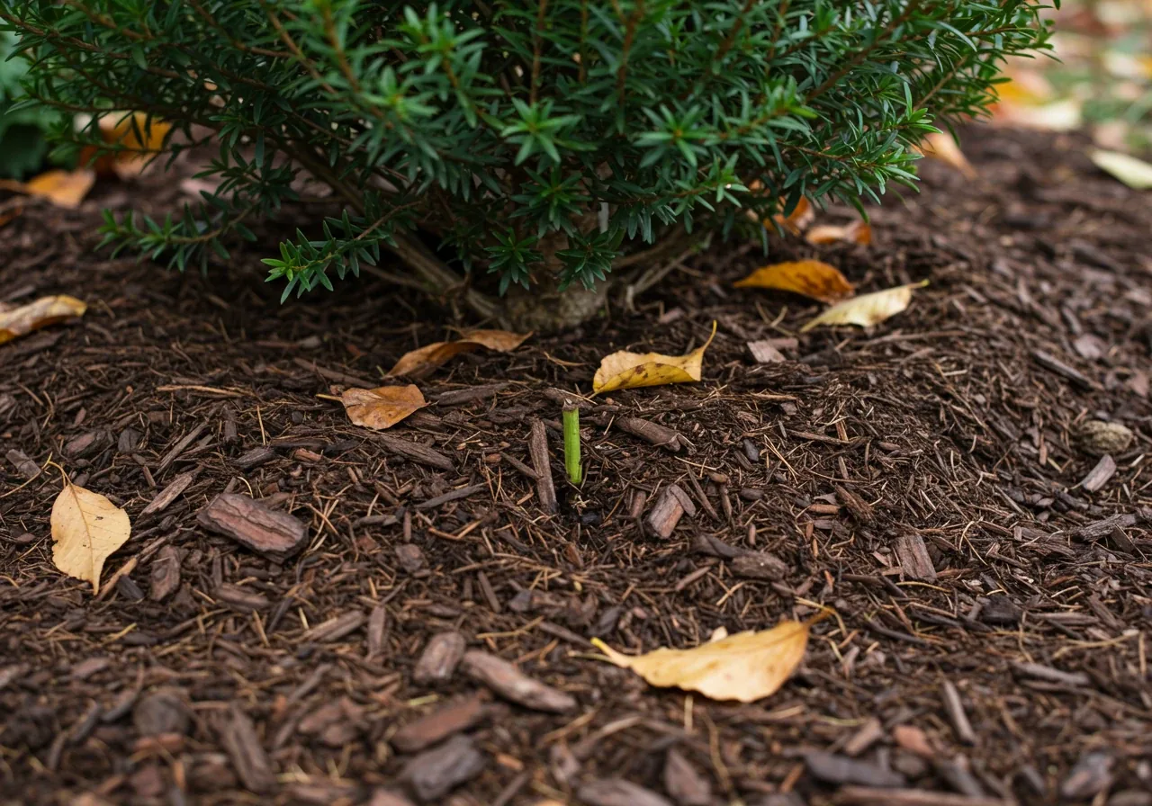 A clear, ground-level view demonstrating proper mulching technique. The image should show a layer of natural mulch (like shredded bark or leaves) spread around the base of a shrub or perennial, with a visible gap between the mulch and the plant's stem/trunk to prevent rot.
