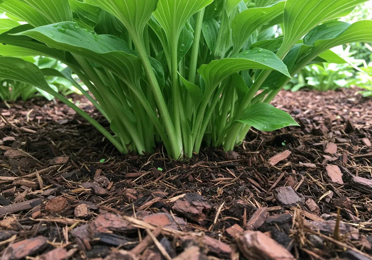 A clear, ground-level shot showing the base of healthy perennial plants (like hostas or daylilies) with a thick, even layer of dark brown shredded bark mulch properly applied around them, leaving space around the plant stems. Illustrates the 'Mulch is Your Friend' concept.