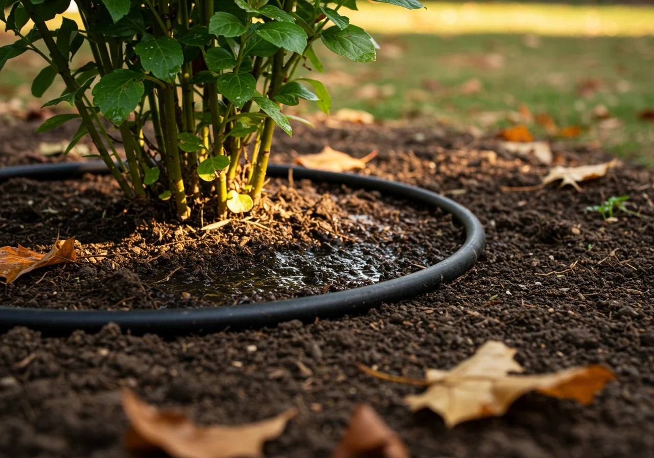 A close-up, ground-level view showing a dark-colored soaker hose laid in a circle around the base of a newly planted perennial or small shrub in a garden bed during late autumn. Water is visibly darkening the soil as it slowly seeps deep into the ground near the plant's roots. Some fallen leaves are scattered on the surrounding soil, emphasizing the late fall timing. The focus is on the slow, deep watering technique at the root zone.