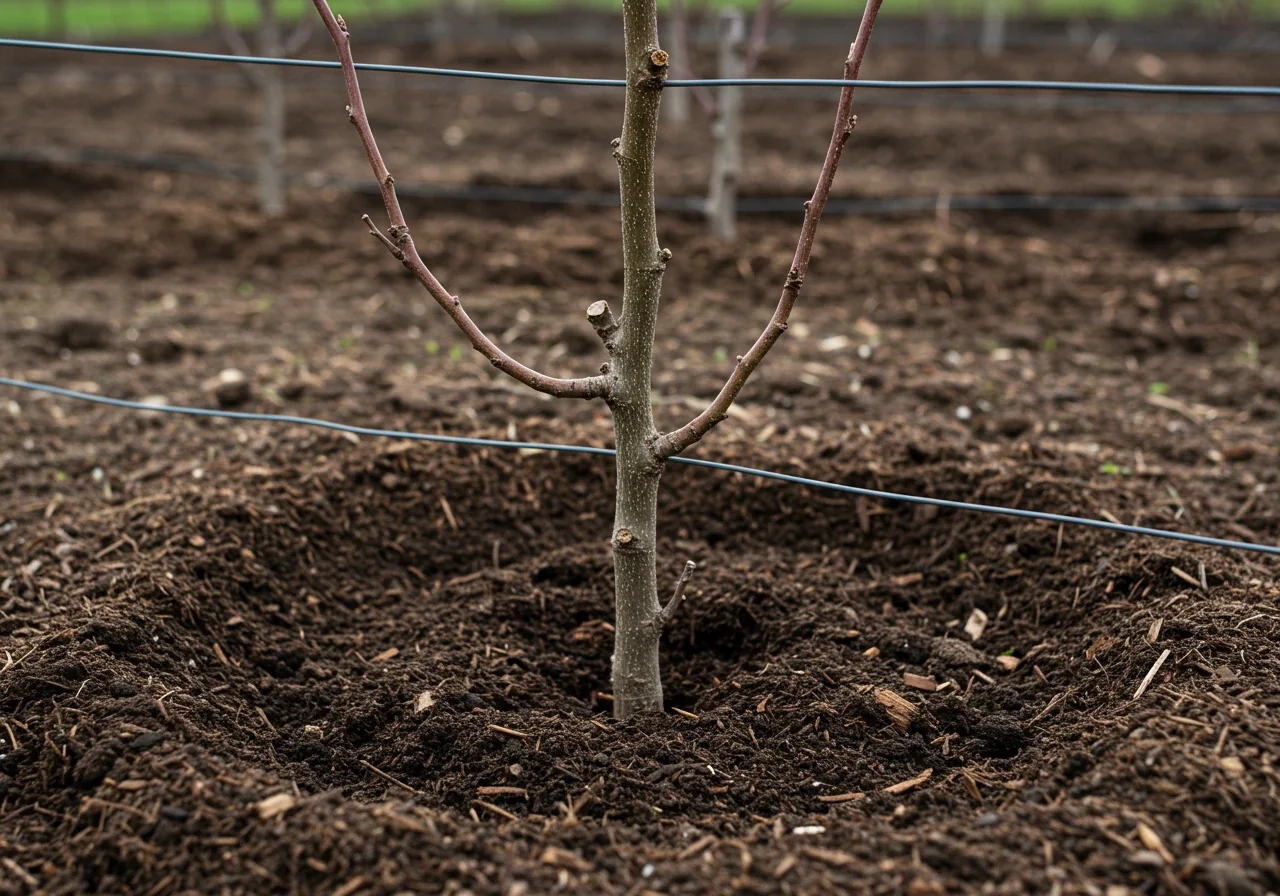 A close-up ground-level view of a newly planted young espalier fruit tree (a whip or small branched sapling) positioned correctly away from the base of its support structure. The image clearly shows the distinct graft union visible above the soil line. A fresh, even layer of dark wood chip mulch forms a circle around the base, pulled back slightly from the trunk itself. The amended, dark soil is visible.