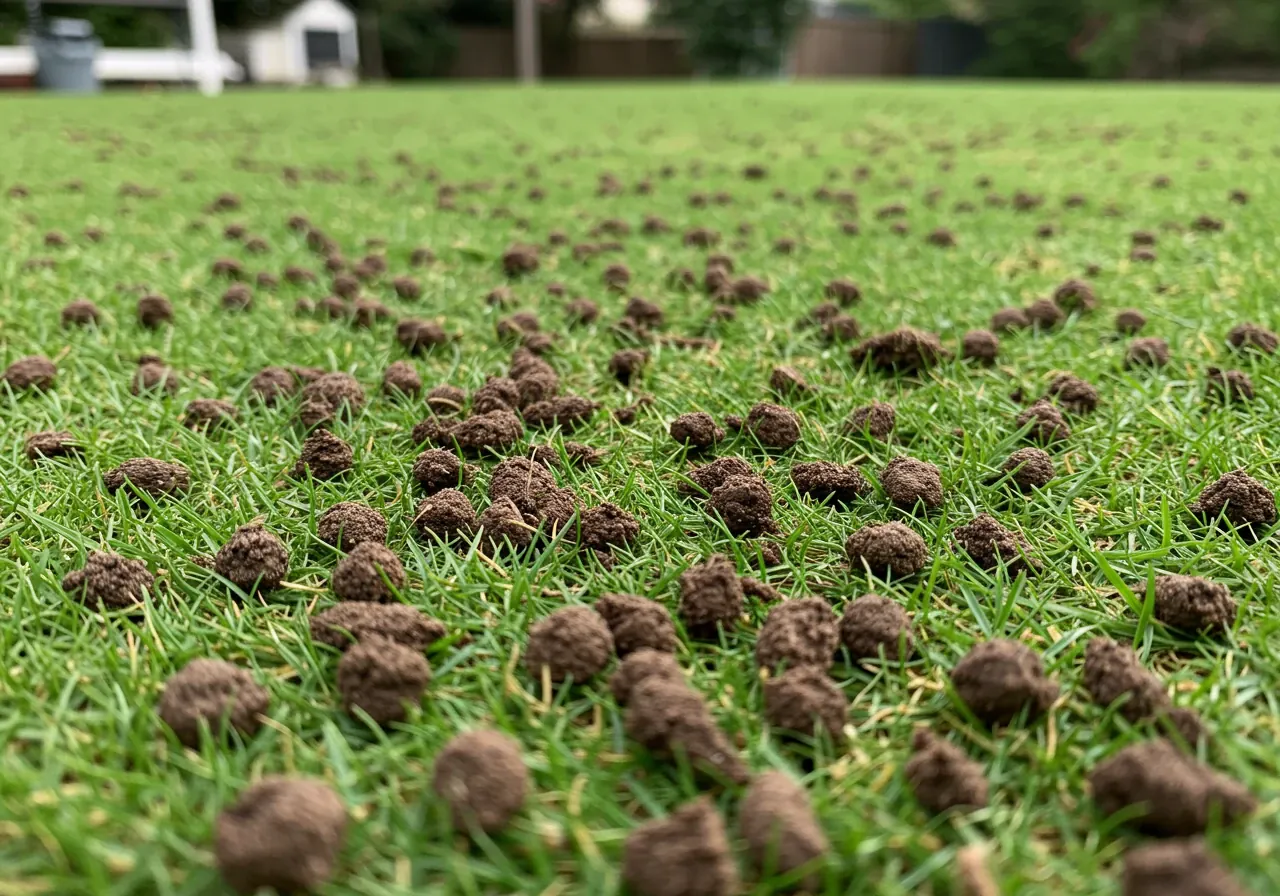 A close-up, ground-level photograph illustrating the result of core aeration, a highly recommended preparation step. The image should clearly show numerous small, cylindrical soil plugs scattered on the surface of the existing turf, with the aeration holes visible in the soil beneath.