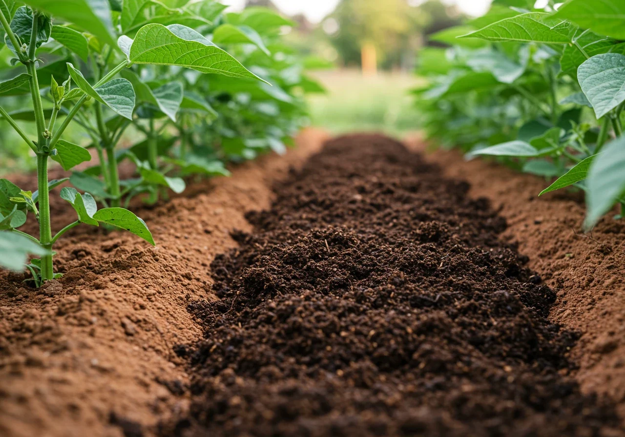 Close-up, ground-level view of a vegetable garden bed showcasing the application of compost top-dressing. Focus on the base of healthy, thriving green bean plants growing in underlying, identifiable light-brown clay soil. A distinct layer (approx. 1-2 inches deep) of dark, rich, crumbly compost is spread neatly around the plant stems (but not touching them), creating a visible contrast in color and texture with the clay beneath. Morning sunlight filters through the leaves.