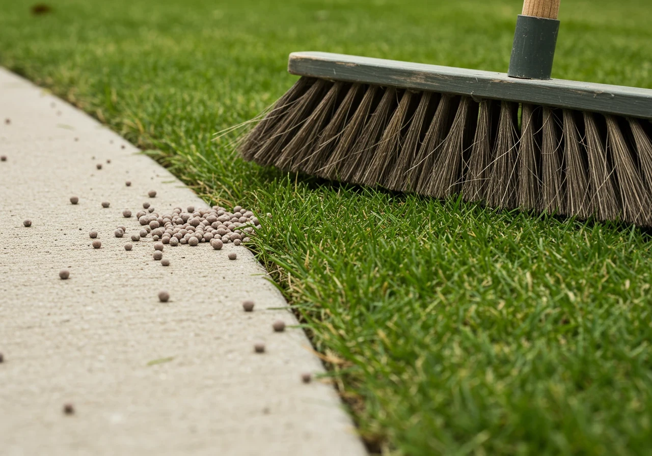A ground-level close-up image focusing on the edge where a clean concrete sidewalk meets healthy green lawn grass. A small scattering of loose fertilizer granules is visible on the concrete surface. The worn bristles and lower wooden part of a standard outdoor push broom are entering the frame, positioned as if ready to gently sweep the granules off the sidewalk and onto the lawn.
