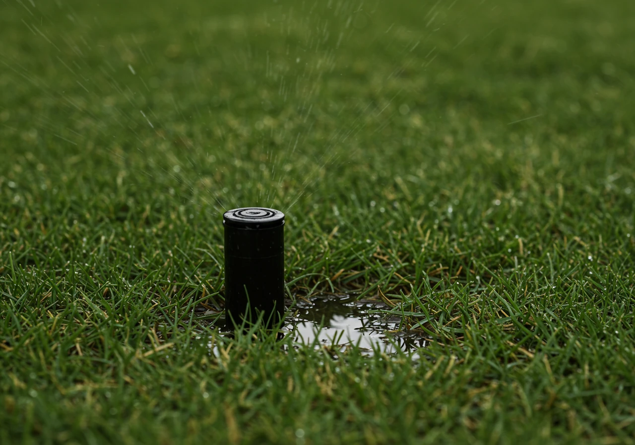 A close-up, ground-level image focusing on a pop-up sprinkler head base surrounded by an obvious puddle of water and overly saturated, dark green grass. The sprinkler head itself might look slightly damaged or tilted, clearly indicating a leak source. The surrounding lawn should look drier for contrast.