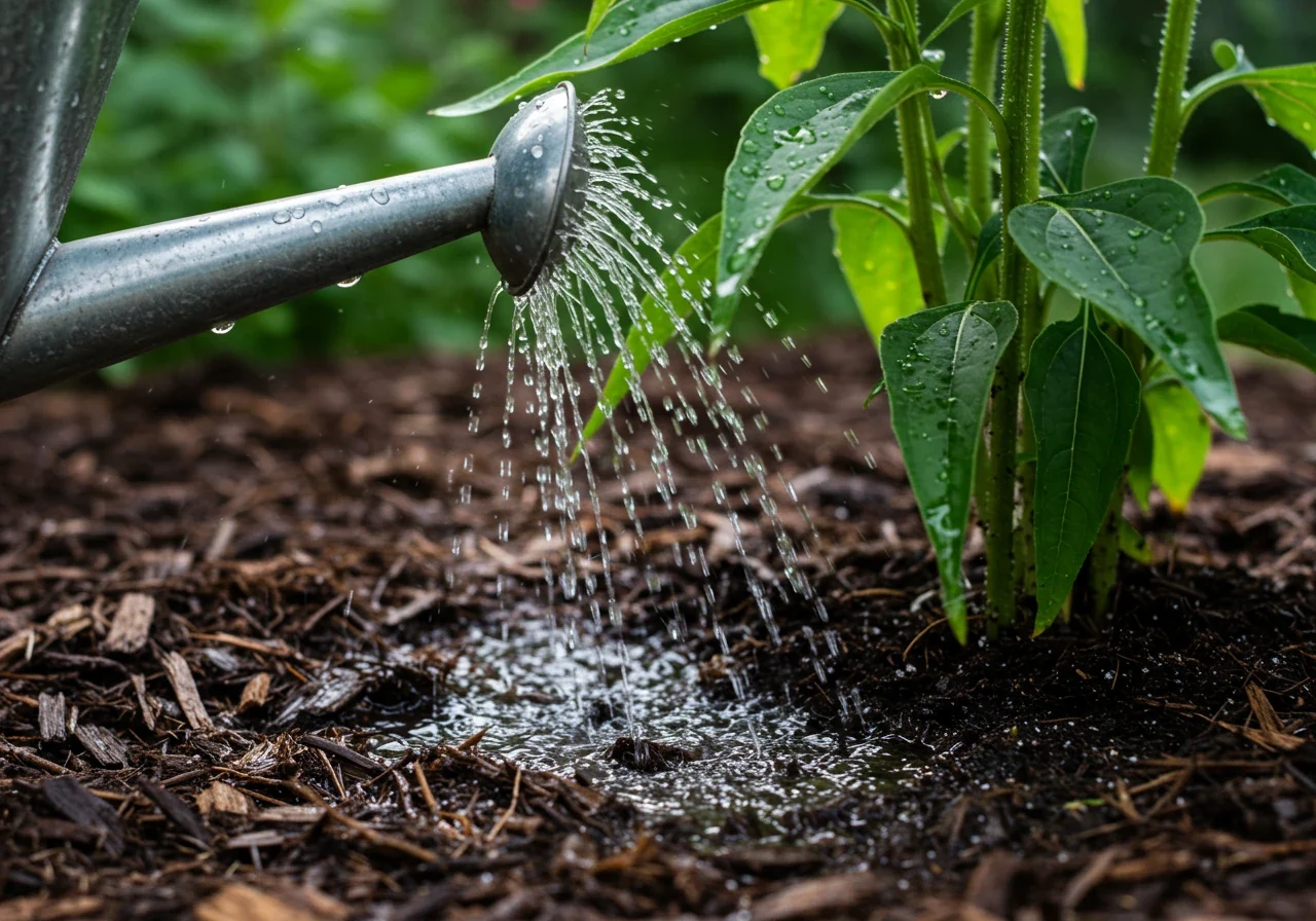 A ground-level close-up shot demonstrating the 'Watering Wisely' technique. It should show water from the spout of a watering can (no hand visible) gently soaking the soil deeply around the base of a healthy plant (e.g., a tomato plant or coneflower), with a layer of dark mulch visible. The image should emphasize water penetration into the soil rather than surface runoff. Morning light is ideal.