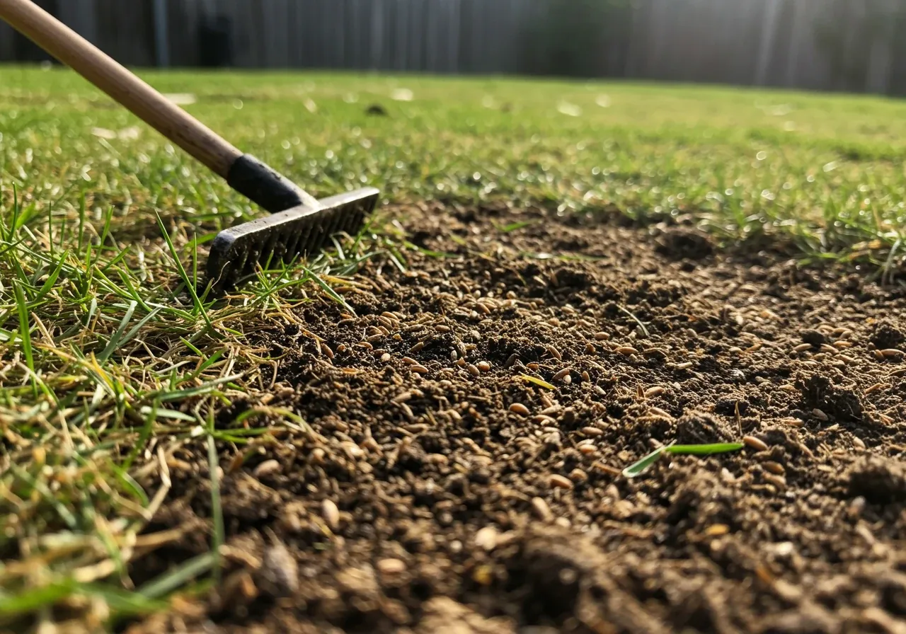 Shows the process of lawn repair. A close-up, ground-level view of a damaged lawn patch where the dead brown grass has been raked away, revealing the soil beneath, now lightly covered with fresh grass seed and a thin layer of topsoil or compost.