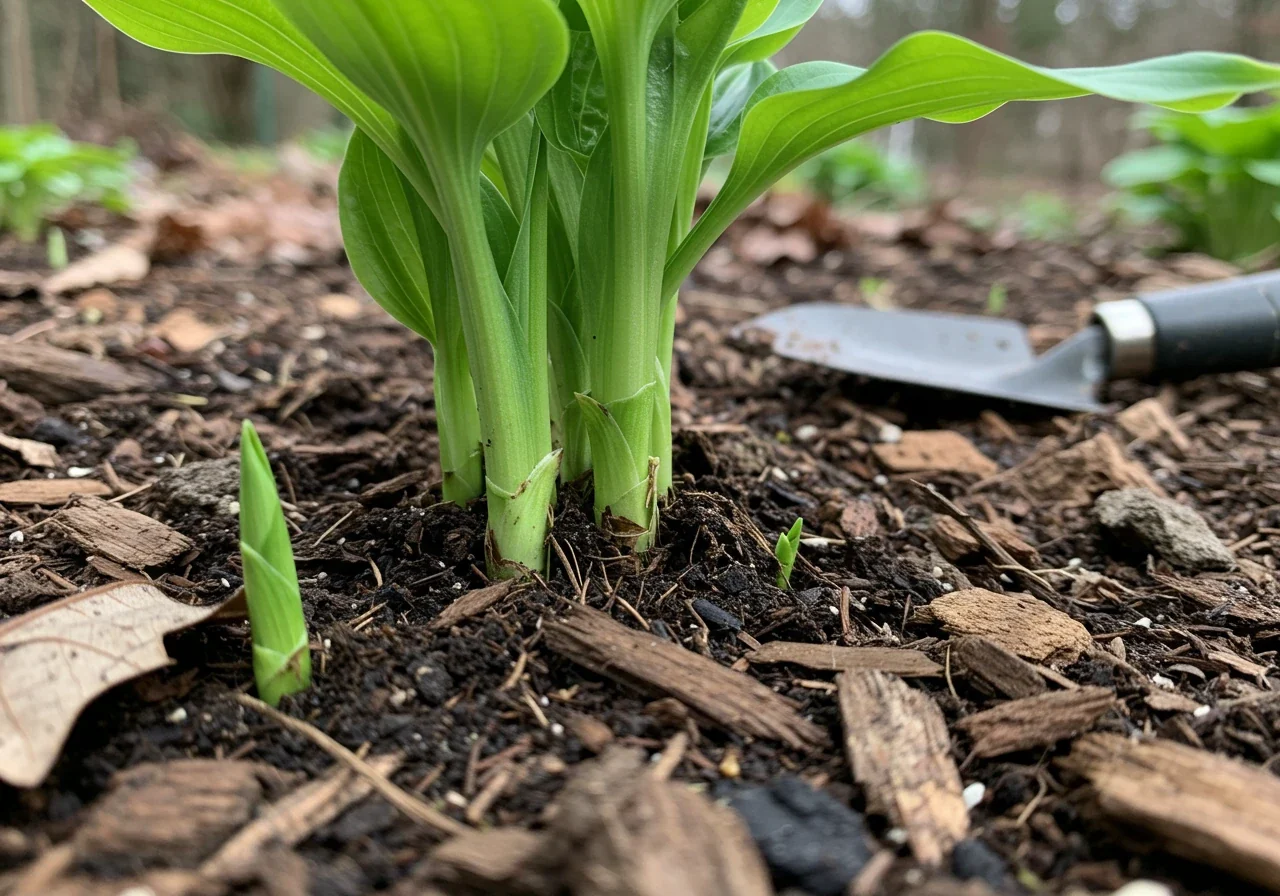 A ground-level close-up photograph focusing on the base of a perennial plant just emerging in early spring. The image should show healthy new green shoots pushing through dark soil or mulch, alongside some damp, decaying brown leaf litter from the previous season, illustrating the need for cleanup. A small, clean garden trowel could be resting nearby on the soil.