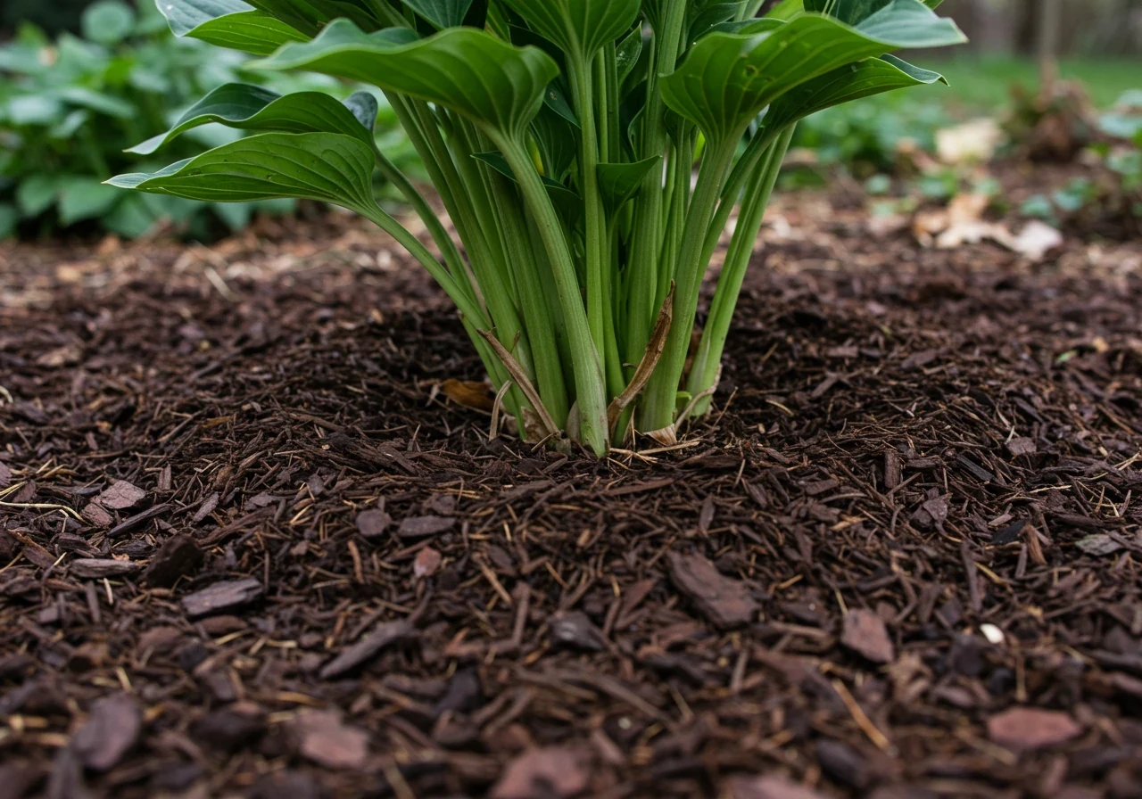 A close-up, ground-level view demonstrating proper mulching technique around the base of a dormant perennial (like a hosta crown or peony buds). Clearly shows a 2-3 inch layer of shredded bark or leaf mulch applied in a ring ('donut') around the plant base, with a visible gap of 1-2 inches between the mulch and the plant stems/crown. The soil should look moist but not waterlogged.
