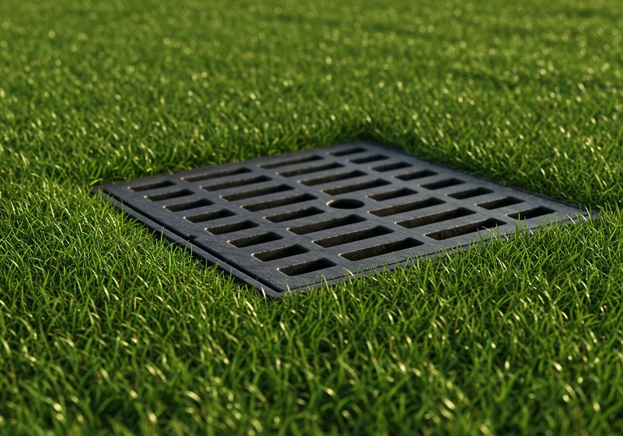 Example of a catch basin installed in a lawn for advanced drainage.