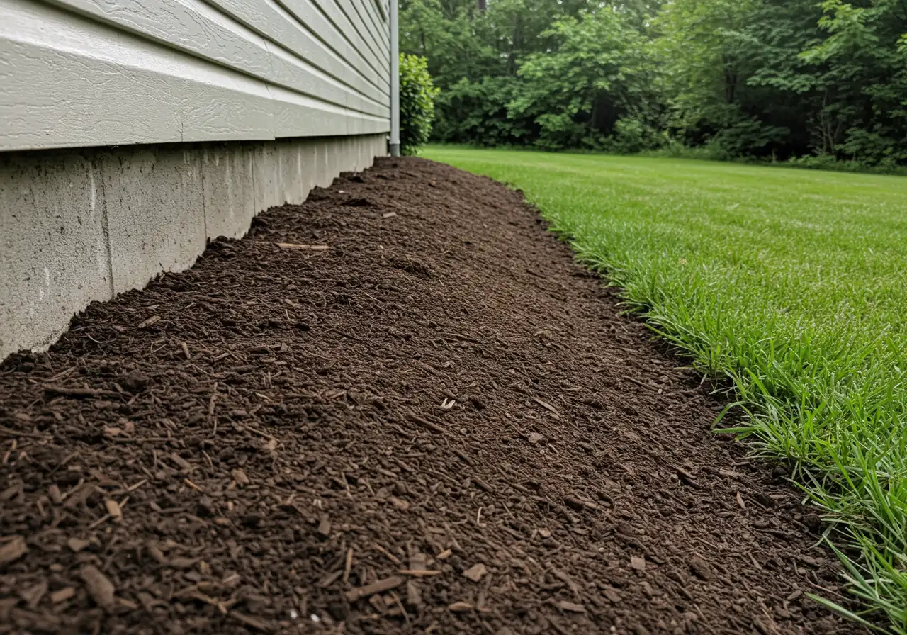 Visually explain positive grade: A ground-level shot clearly showing the soil or lawn surface sloping gently *away* from a house foundation. The ground closest to the house is visibly higher, demonstrating the intended direction for water flow.