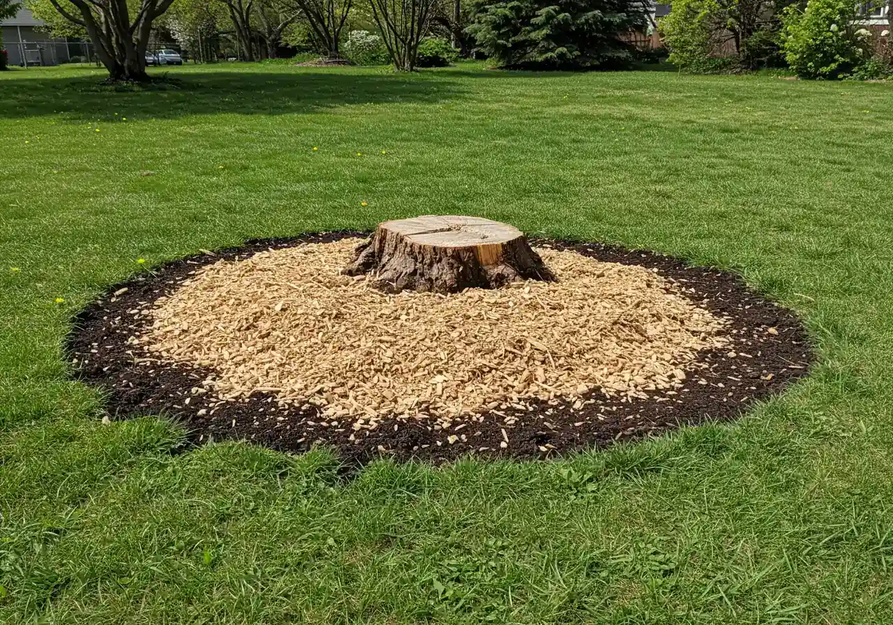 A ground-level view showing the immediate aftermath of stump grinding. The image should depict a circular area in a green lawn filled with a mixture of soil and fresh wood chips, where a stump used to be. The surrounding grass should be mostly undisturbed, highlighting the minimal impact of grinding.