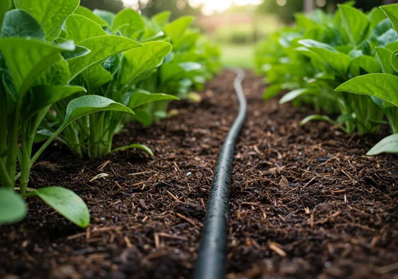 An image showing a black soaker hose winding through a garden bed at the base of several healthy perennial plants. Dark, damp soil should be visible around the hose, indicating slow water delivery directly to the root zone. Green foliage provides contrast, illustrating efficient watering.