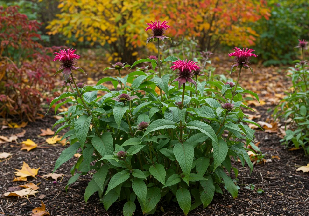 A vibrant, healthy clump of Bee Balm (Monarda) shown in a garden setting, but with visible density in the center, hinting at its tendency to overcrowd and benefit from division. Focus is on the plant structure rather than just flowers, perhaps with some fall foliage in the blurred background.