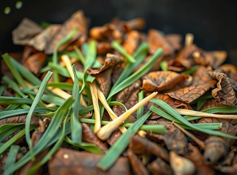 A close-up, high-angle shot of a full, well-maintained compost bin. Show a mix of brown leaves, green grass clippings, and some vegetable scraps. Steam should be subtly rising from the pile, indicating decomposition. No plastic bags or non-compostable materials should be visible.