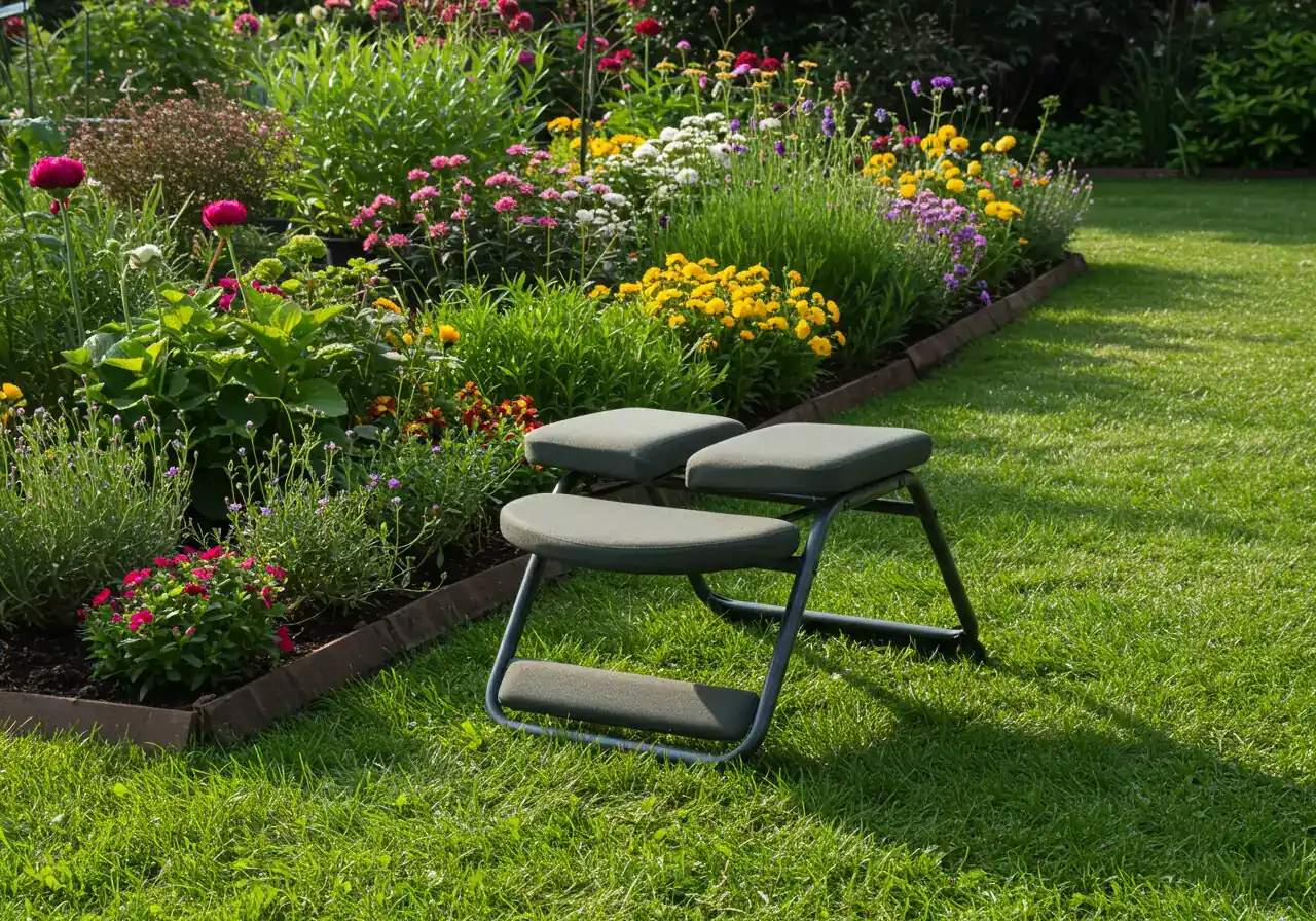 An image focusing on an ergonomic kneeler/seat placed within a garden setting, illustrating the 'Support Stars' point. It provides a visual solution for knee pain and makes the concept tangible.