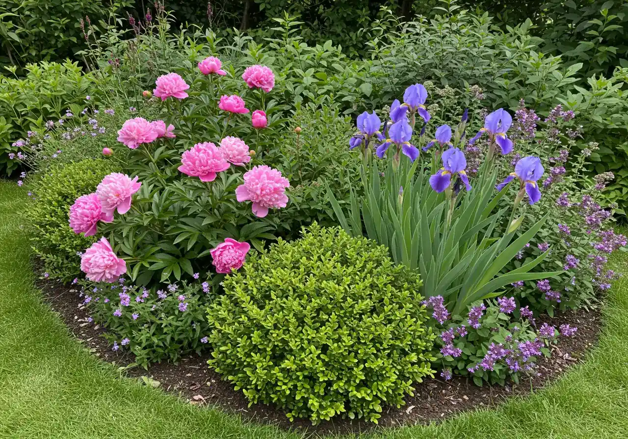 A vibrant, high-resolution photograph showcasing a cluster of several different deer-resistant plants thriving together in a garden bed. Could include recognizable blooms like Peonies and Siberian Iris alongside the distinct foliage of Boxwood and Catmint. The image should convey beauty and health, demonstrating that deer-resistant doesn't mean unattractive.