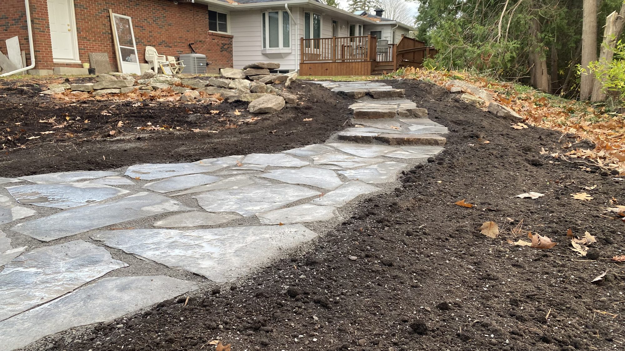 Garden pathway with prepared planting beds alongside ready for new installations