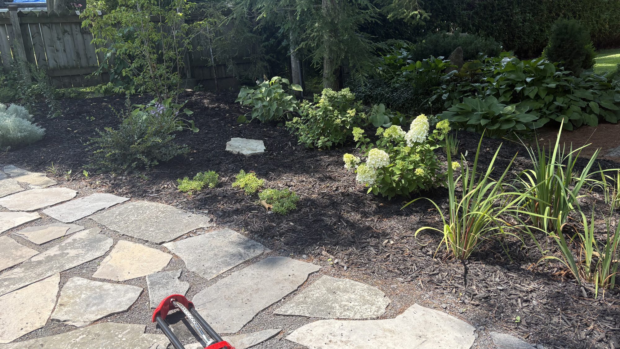Flagstone garden pathway meandering through established plantings under mature tree canopy in Nepean