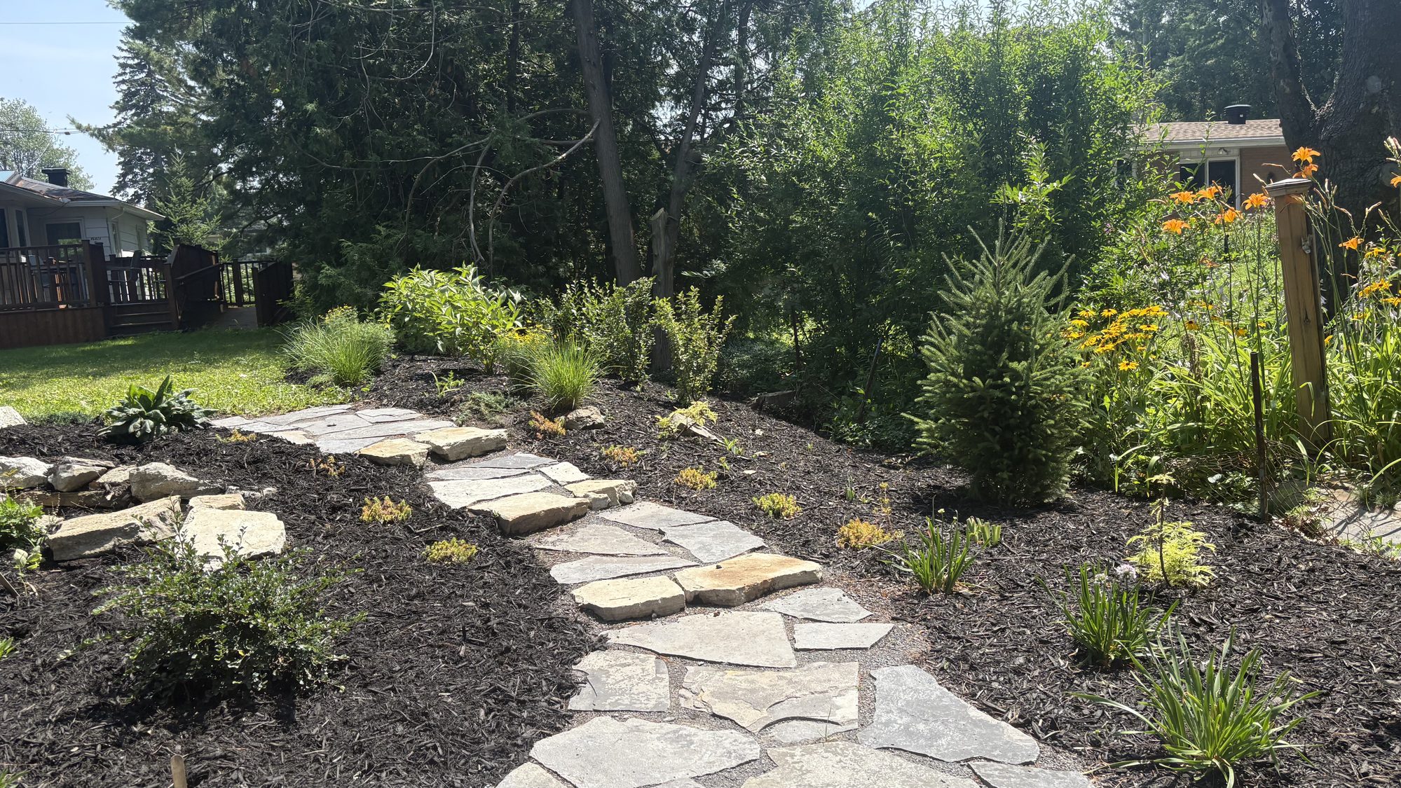 Final garden view showing complete before and after transformation with lush plantings