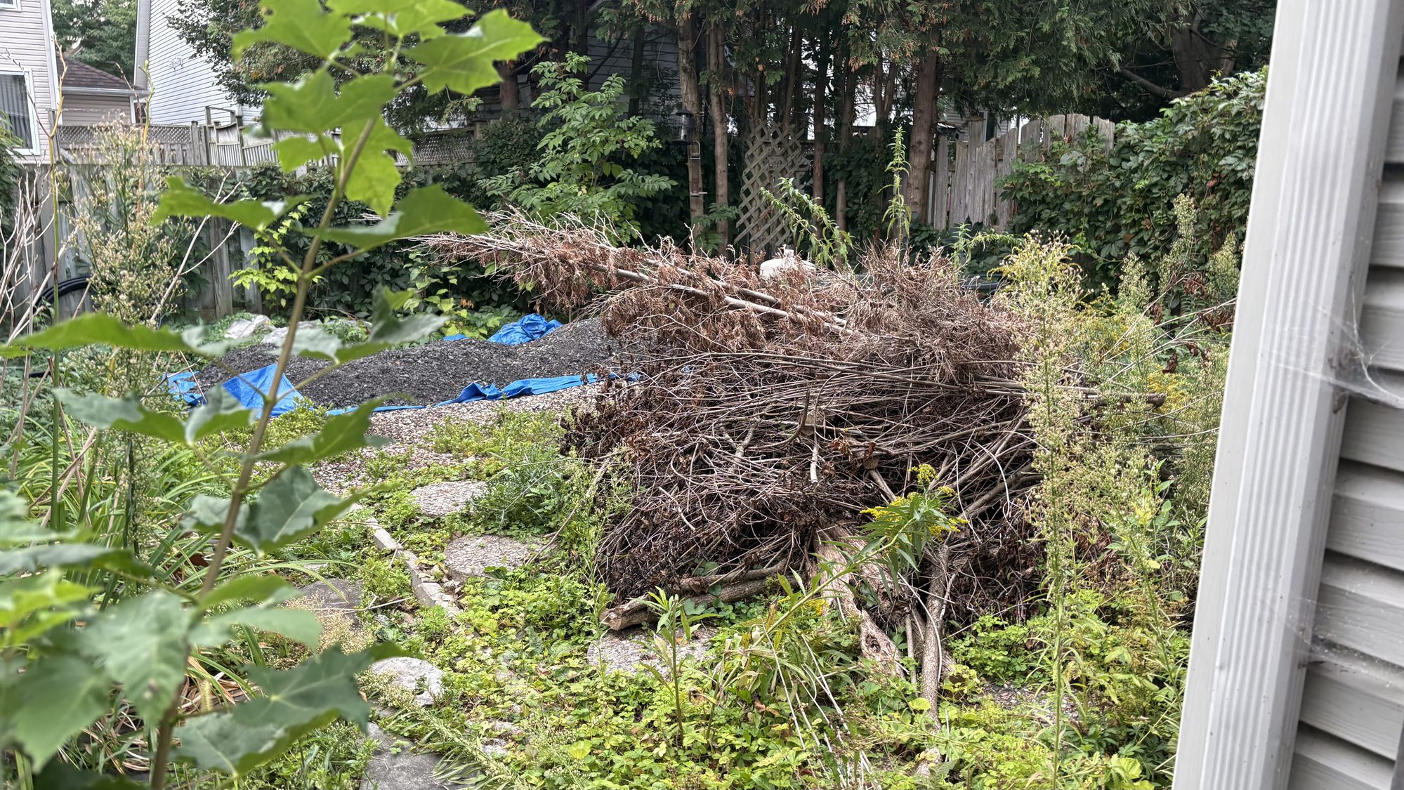 Kevin's Barrhaven property before pre-sale cleanup showing neglected yard with bare soil and overgrown areas