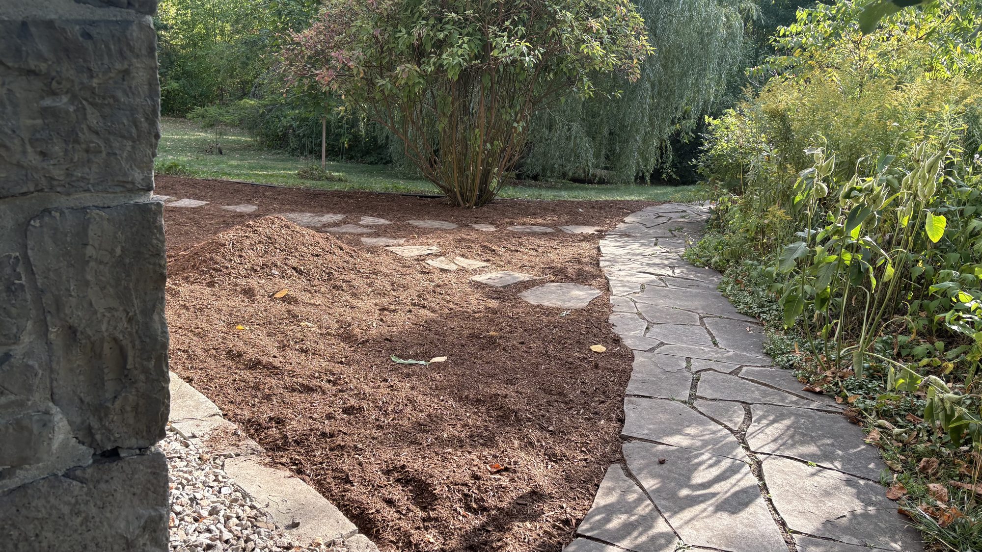 Wide view of restored Winchester property showing professional hedge shaping and garden bed cleanup