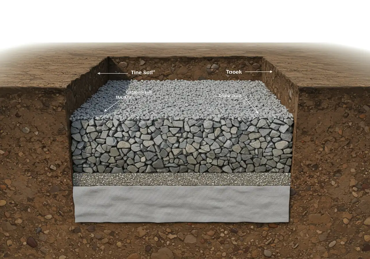 An illustrative photograph showing a cross-section or clear view of the distinct layers of a proper patio base: geotextile fabric, compacted Granular A gravel, and the final layer of stone dust. This helps readers visualize the essential components described.