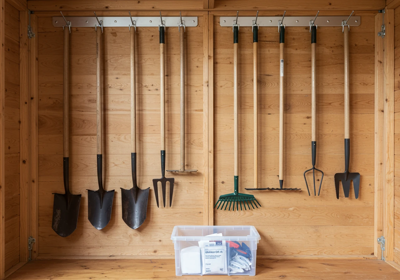 A clear view of an organized tool storage area inside a clean shed or garage. Various long-handled garden tools (rake, shovel, hoe) are hanging neatly and vertically on sturdy wall-mounted hooks against a painted wooden wall. Below, smaller hand tools (trowel, cultivator) are visible inside a clean, transparent plastic storage bin, with a couple of large silica gel desiccant packs visible inside the bin.