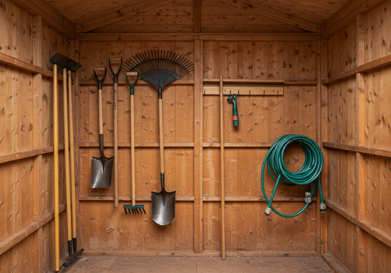 An interior view of a tidy, organized garden shed or garage corner prepared for winter. Long-handled tools like rakes and shovels should be shown hanging neatly on wall-mounted hooks, demonstrating the 'hang 'em high' principle. Maybe a coiled hose is visible hanging as well.