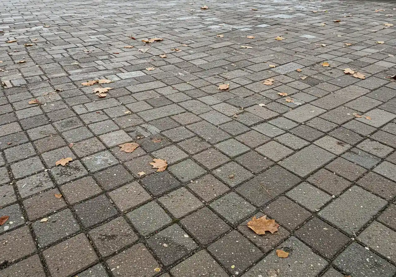 A realistic view of an interlocking stone patio immediately after winter thaw. It should show common issues like damp leaves scattered across the surface, some dirt and grime, slightly uneven or shifted pavers indicating frost heave, and maybe a small puddle of meltwater. The overall mood should be dreary spring.