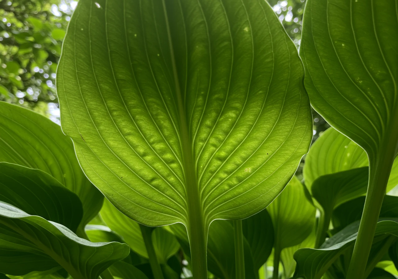 An image emphasizing the act of observation in the garden, focusing on looking closely. This could be a low-angle shot looking up at the underside of a large, healthy plant leaf (like a hosta or rhubarb), highlighting the texture and veins, implying a place where pests might hide.