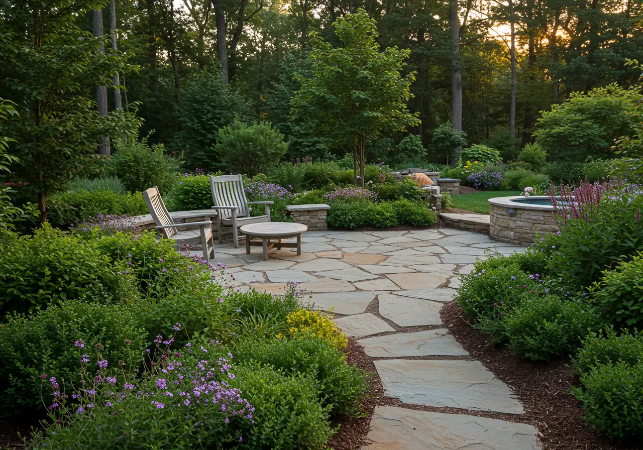 A beautiful, finished backyard landscape transformation featuring an inviting natural stone patio area seamlessly integrated with surrounding lush garden beds filled with mature perennials and shrubs. Represents a desirable outcome of professional landscaping.