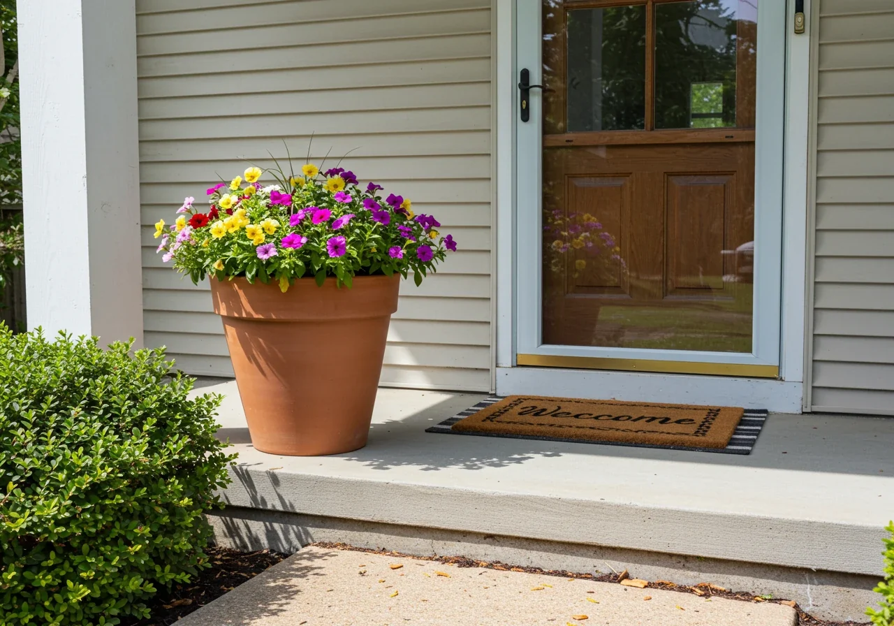 An inviting front entryway scene demonstrating a 'quick win'. Show a freshly cleaned porch step featuring a colourful container pot overflowing with bright annual flowers (like geraniums or petunias). The pot should sit near a clean, welcoming front door (perhaps freshly painted) and a new, stylish doormat. The overall impression should be tidy, cheerful, and instantly appealing.