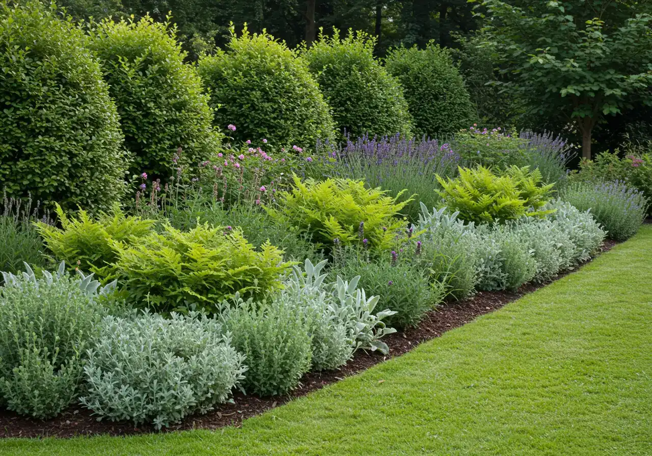 An image illustrating the 'layering' tactic. Show a well-designed garden border with taller, perhaps slightly coarser-textured or evergreen shrubs (like Boxwood or Spirea) forming a backdrop. In front of them, place medium-height perennials with different textures (like ferns or ornamental grasses). The front edge could feature low-growing, less appealing groundcover. The composition should clearly demonstrate the graduation in height and texture from back to front.