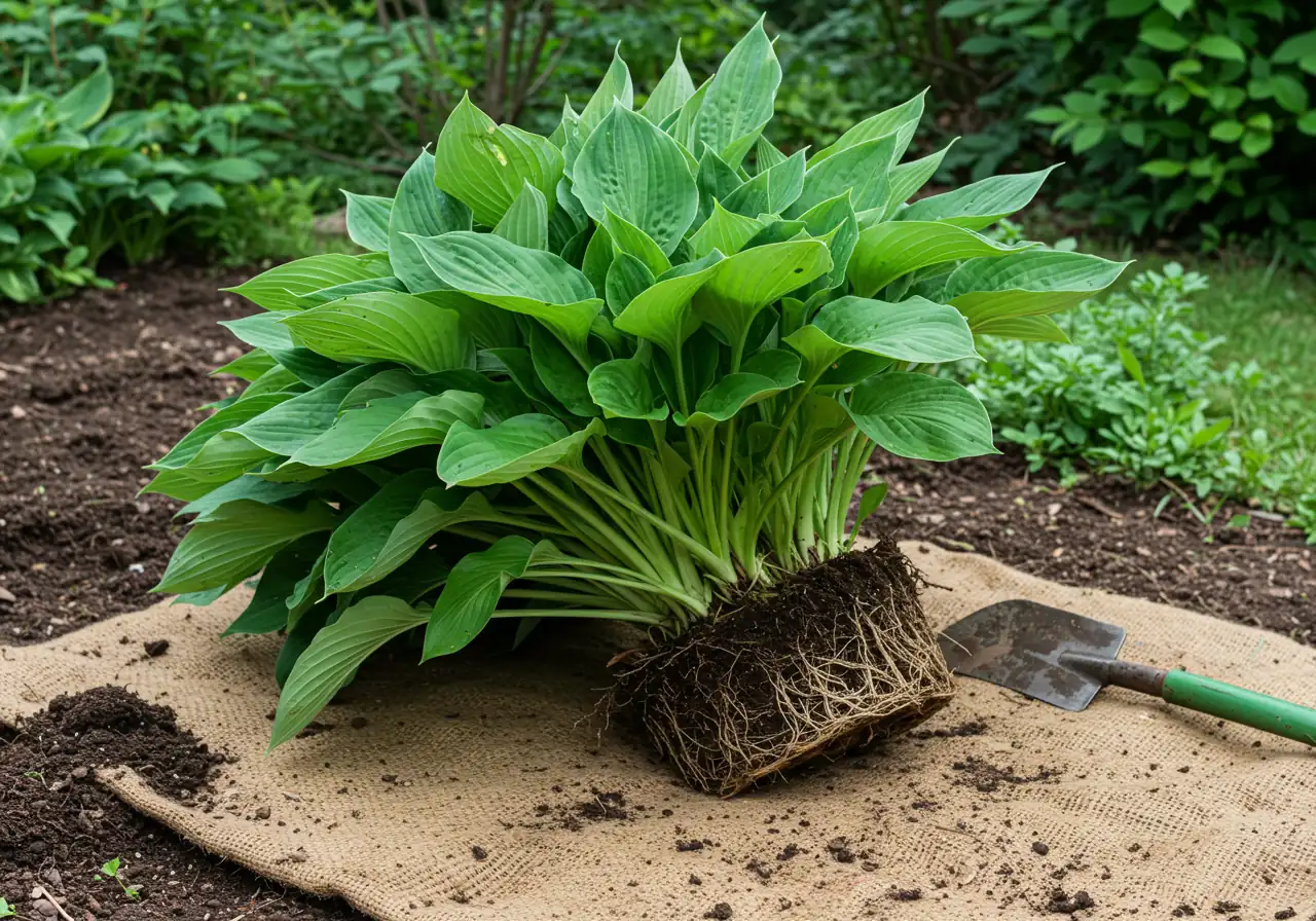 An image depicting the concept of perennial division without showing human hands. Focus on a large clump of Hosta or Daylily that has been carefully lifted from the soil and placed on a tarp or piece of burlap beside the hole it came from. Show clear, healthy root systems and multiple crowns, visually suggesting it's ready to be divided into smaller sections.