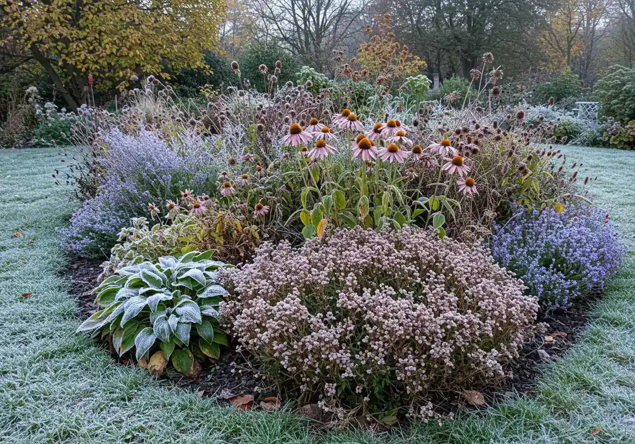 A visually clear example of selective perennial cutback. The image should show a late autumn garden bed where some perennials, like hostas or daylilies, are cut down to a few inches above the ground, while adjacent perennials, like coneflowers (Echinacea) or tall sedum, are left standing with their dried seed heads intact, perhaps lightly dusted with frost, providing winter interest.