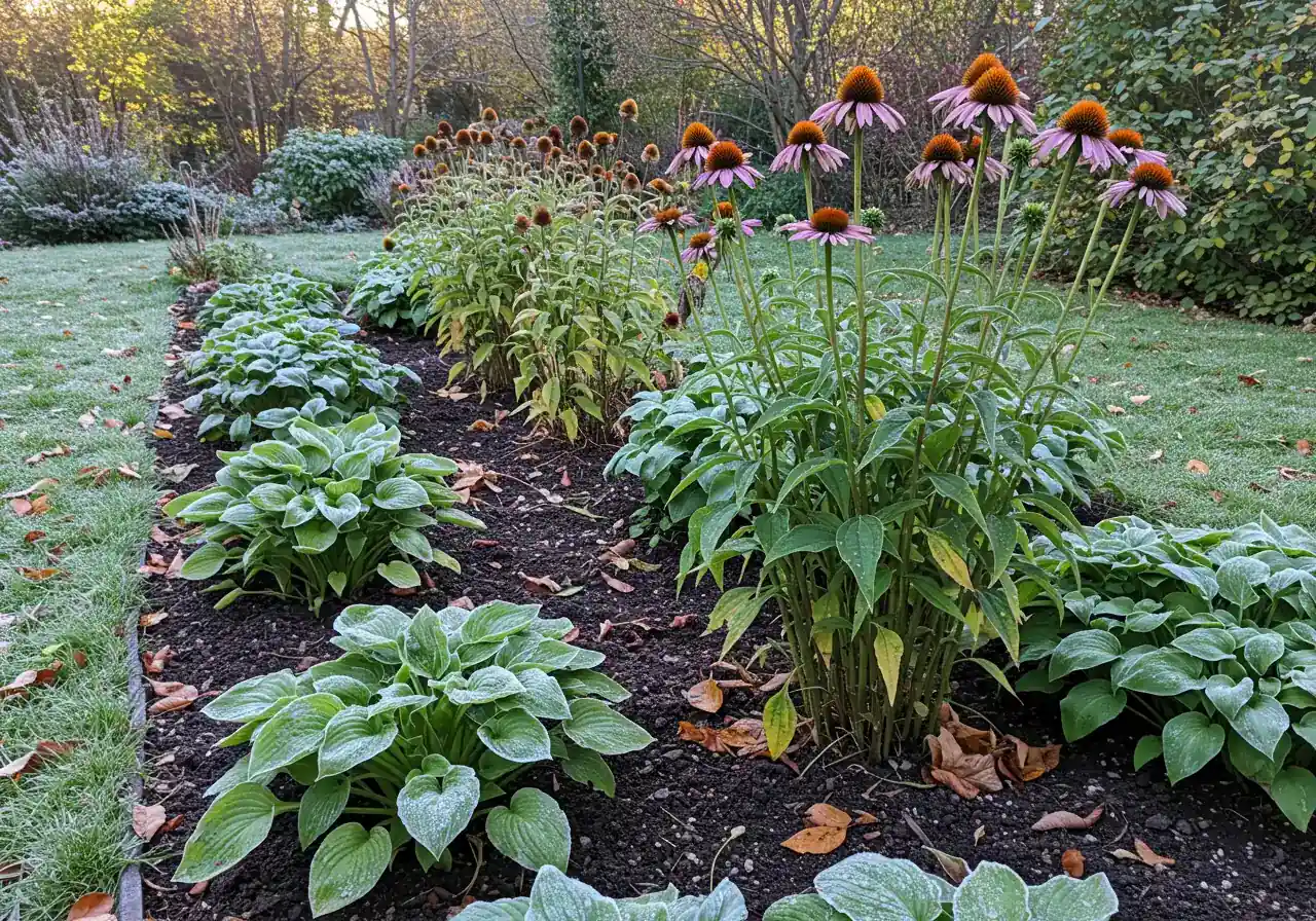 A garden bed in late autumn illustrating contrasting perennial care. On one side, Hostas are cut back low to the ground. On the other side, tall Coneflower (Echinacea) stalks with dark, intact seed heads are left standing, possibly with a light frost dusting, demonstrating leaving structure for winter interest and wildlife.