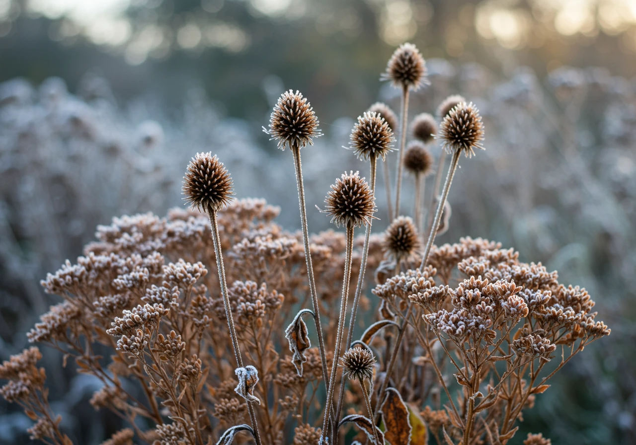 An image illustrating the 'Leave Standing If' point for perennials. It should show attractive, frost-kissed seed heads of plants like Coneflowers (Echinacea) or Sedum 'Autumn Joy' standing in a dormant garden bed, providing winter interest.