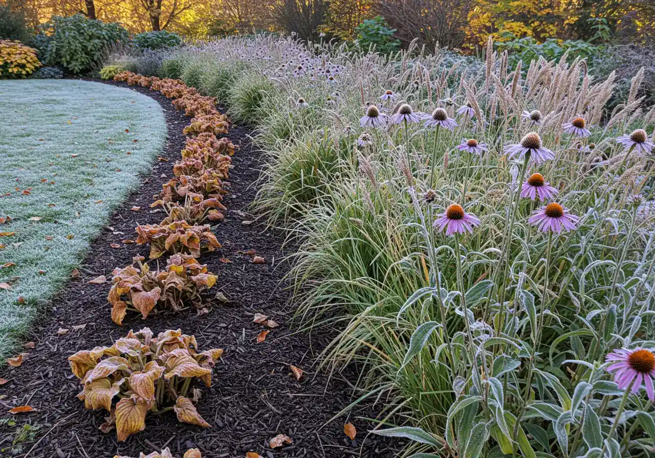 A late autumn garden bed showcasing the contrast between perennials managed differently for winter. On one side, low mounds of cut-back Hostas or Peonies are visible above mulched soil. On the other side, taller structural plants like frosty Coneflower (Echinacea) seed heads and golden ornamental grasses stand against a muted background, illustrating the 'cut back vs. leave standing' concept.