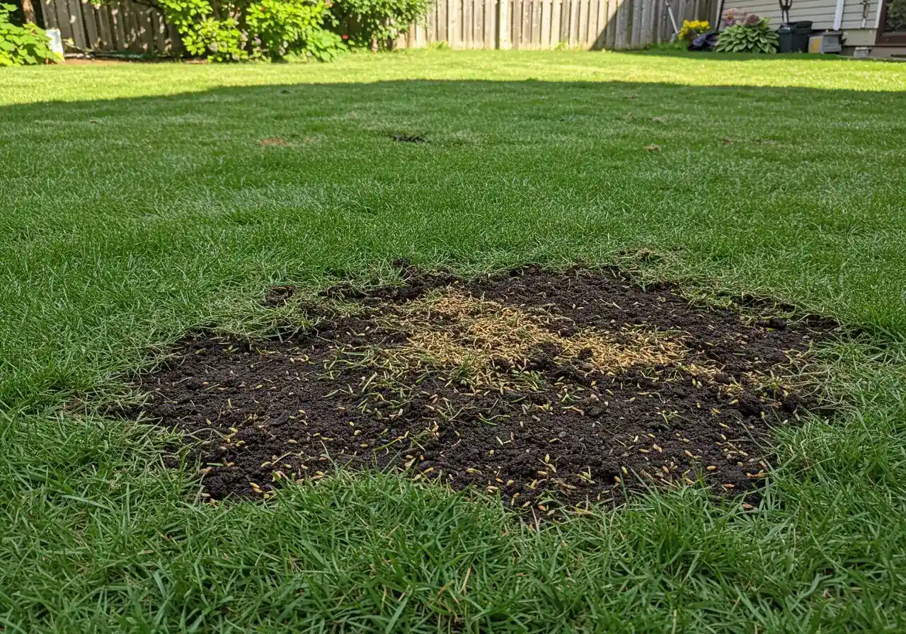 A slightly low-angle shot of a lawn with distinct bare patches being overseeded. Focus on the contrast between the existing green grass and the dark, loosened soil of the patches where grass seed has been freshly scattered. Some stray seeds can be visible on the soil surface. Late afternoon sunlight creating texture.