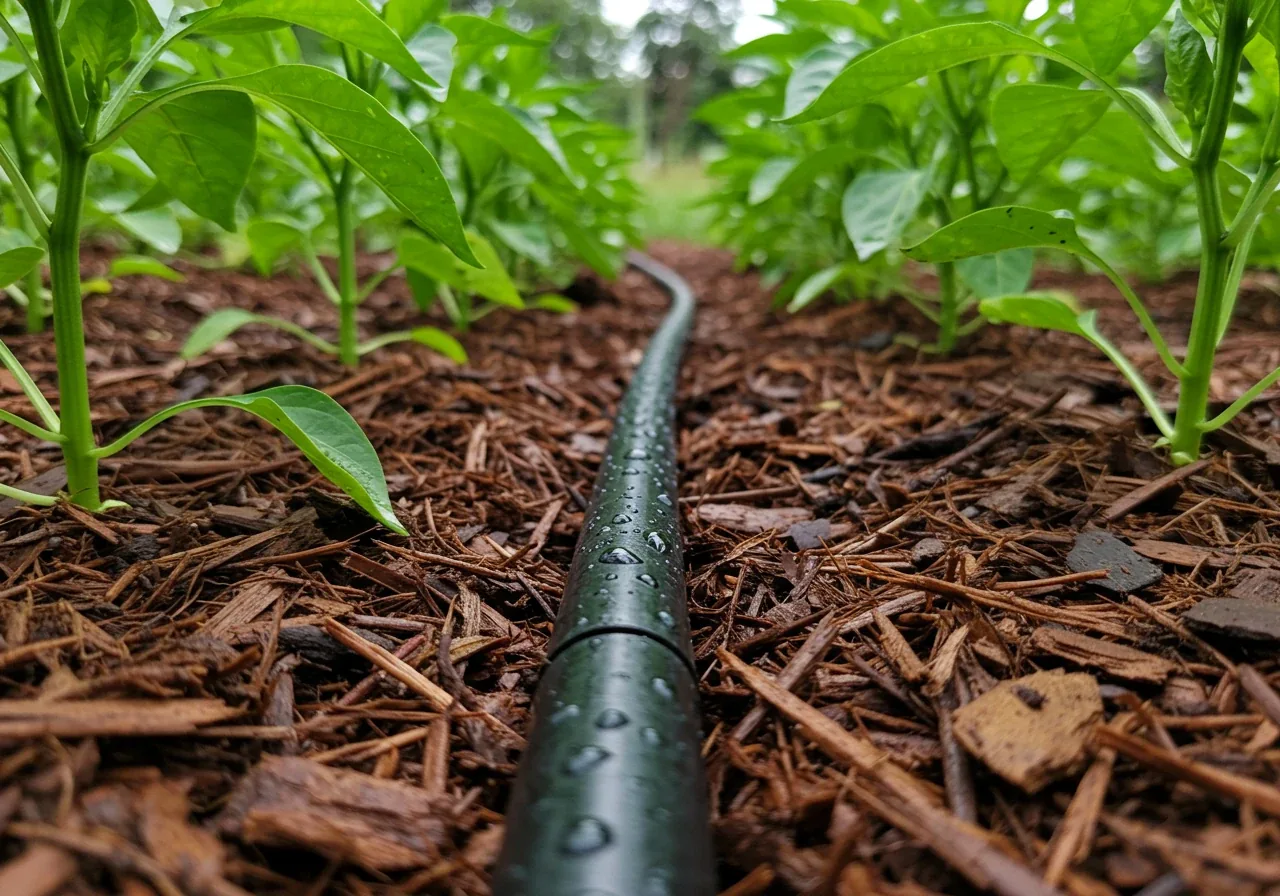 Low-angle photograph capturing a black soaker hose in action within a mulched garden bed. The hose winds around the base of leafy pepper plants. Small beads of water are visibly seeping from the pores along the hose, creating dark, damp patches on the surrounding shredded leaf mulch and the underlying soil peeking through. The scene suggests slow, efficient watering.