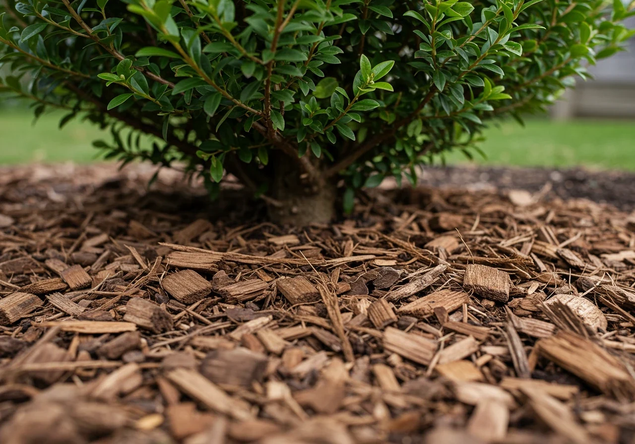 A close-up perspective simulating an inspection. The view looks down at the base of a dormant shrub where dark brown wood chip mulch meets the soil. A small section of the mulch is gently pulled back, revealing the darker soil underneath, as if someone just checked there for pests. No tools or hands are visible, only the disturbed mulch and soil.