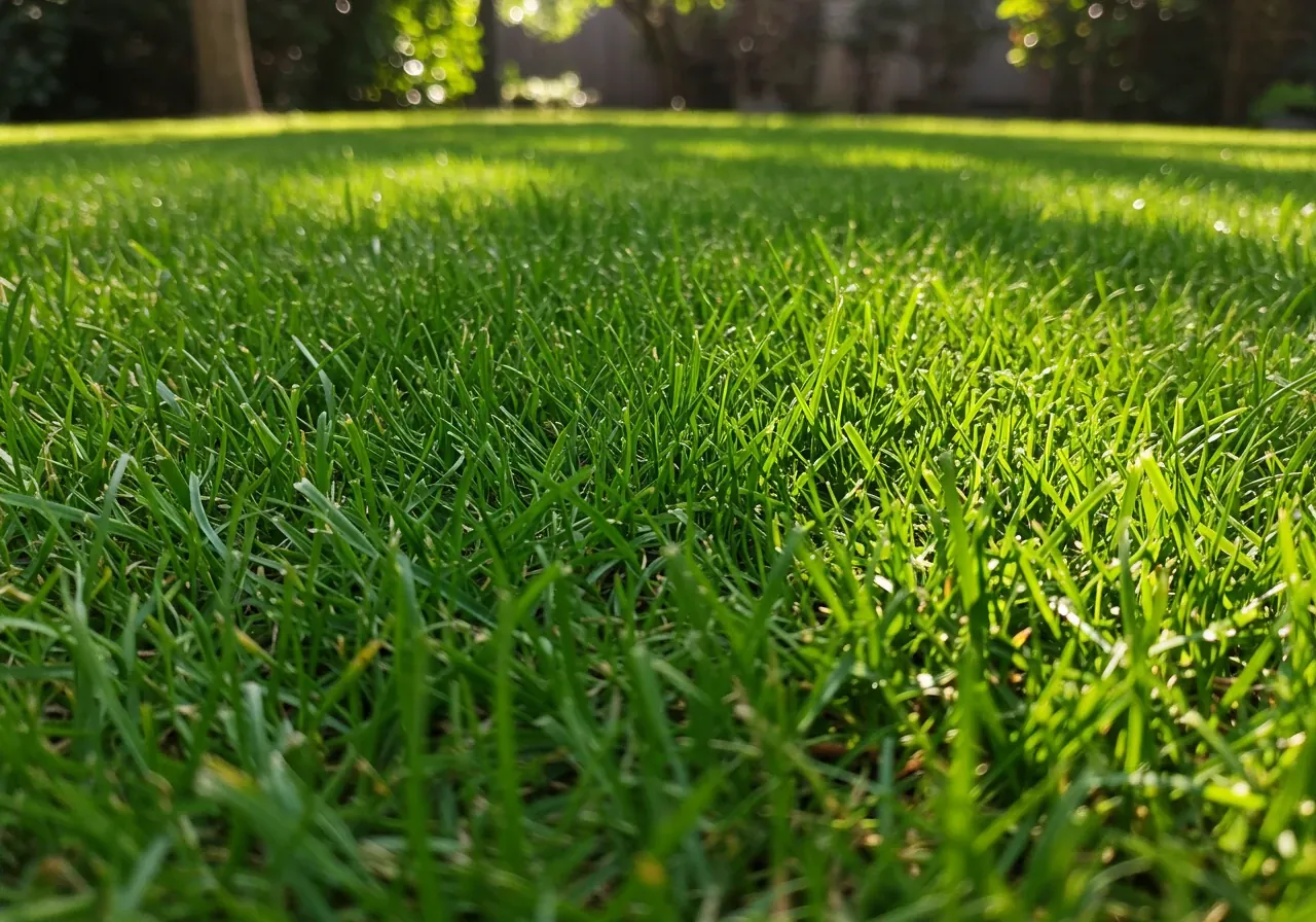 A close-up, ground-level perspective of a lawn mown at a taller height (3-4 inches). The image should highlight the density of the grass blades, the shade they provide to the soil surface below, and the overall healthy appearance.