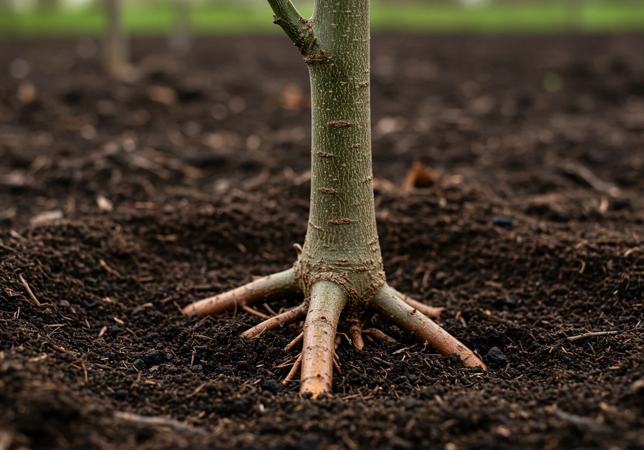 A clear, focused photograph demonstrating the critical planting depth principle. It should show the base of a newly planted sapling with the root flare clearly visible at or slightly above the surrounding soil level.